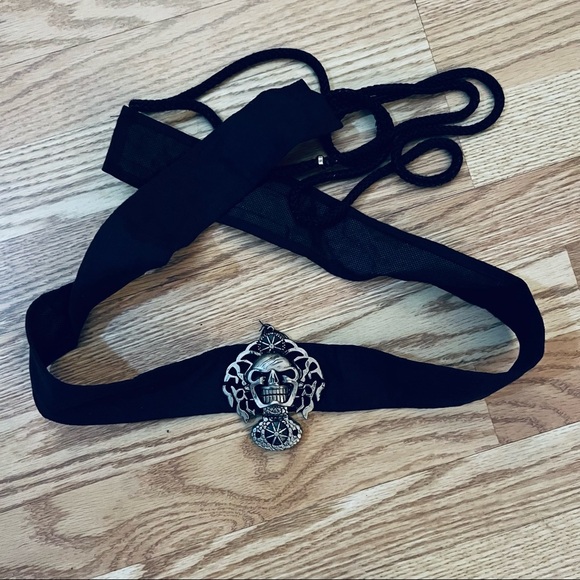 New Black Cloth Belt With Large Silver Skull Buckle - Picture 2 of 6